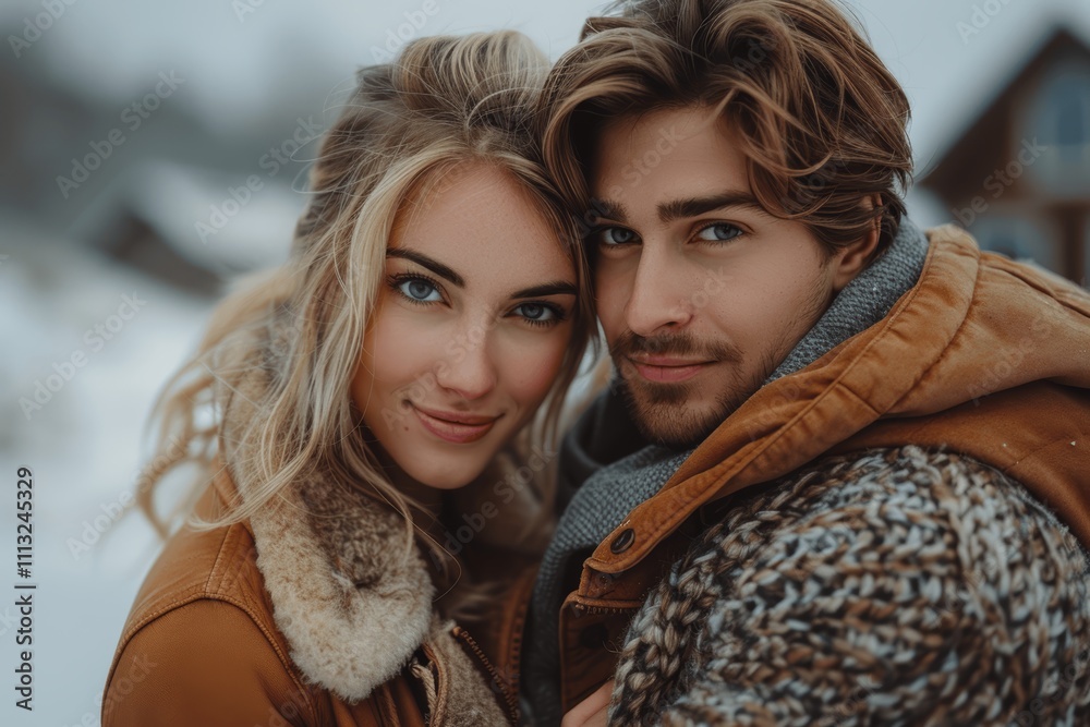 Young couple embraces in front of their new modern home at sunset, dreaming of their future together. Happy family purchasing their dream house with a home loan. Real estate and mortgage concept.
