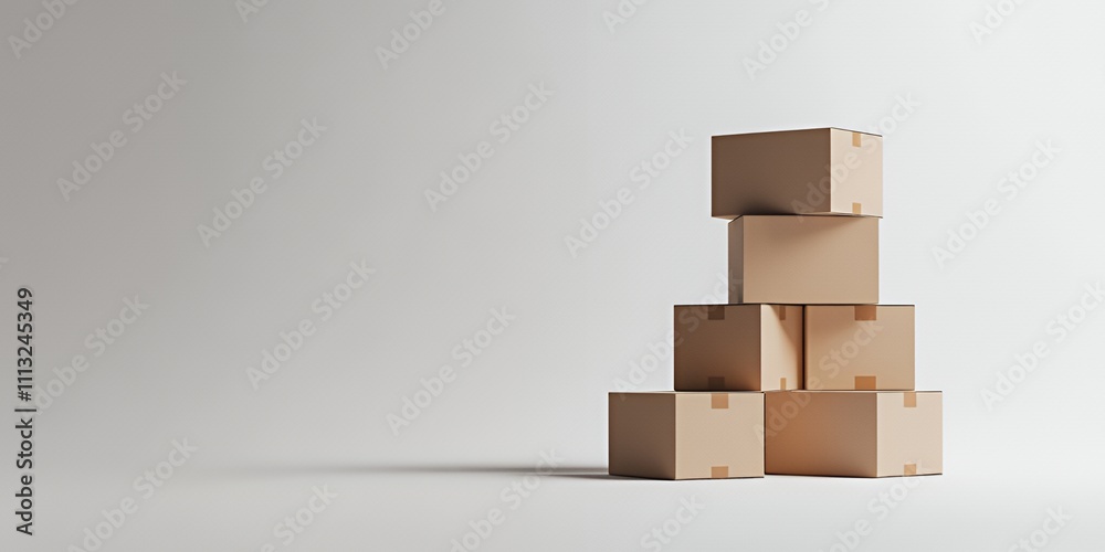 A stack of five cardboard boxes arranged on a minimalist background. A stack of five cardboard boxes arranged on a minimalist background.