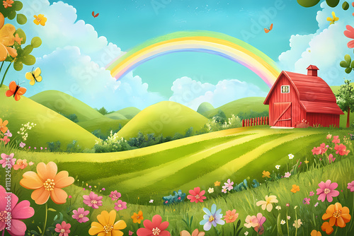 Cartoon Countryside Scene with Rainbow and Red Barn