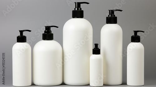 A collection of white pump bottles in various sizes, typically used for personal care products.