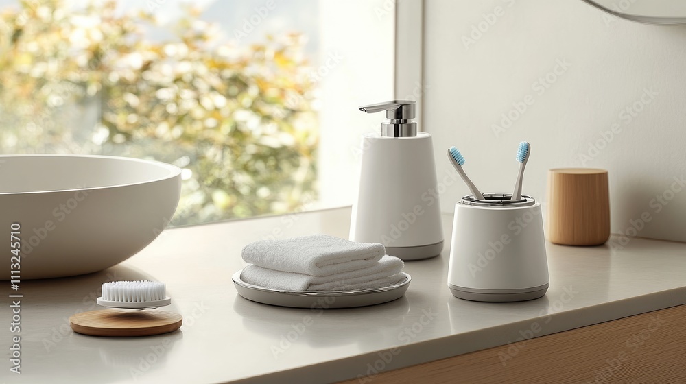 Modern Bathroom Accessories on Countertop with Natural Light Modern Bathroom Accessories on Countertop with Natural Light