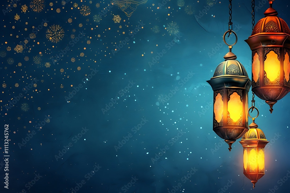 Hanging ramadhan lantern with candle in front of glowing lights. Suitable for festive decorations or background with ambient lighting concepts in design projects Hanging ramadhan lantern with candle in front of glowing lights. Suitable for festive decorations or background with ambient lighting concepts in design projects