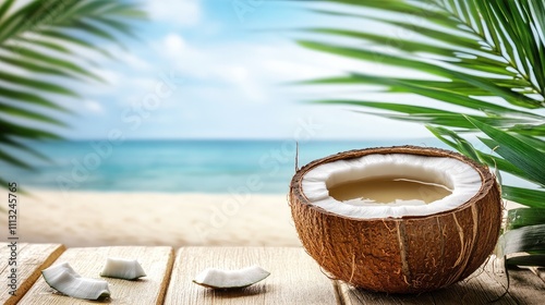 Wallpaper Mural Fresh Coconut on a Wooden Table with Tropical Background of Beach and Ocean, Invoking a Relaxing Vibe of Summer and Exotic Vacations Torontodigital.ca