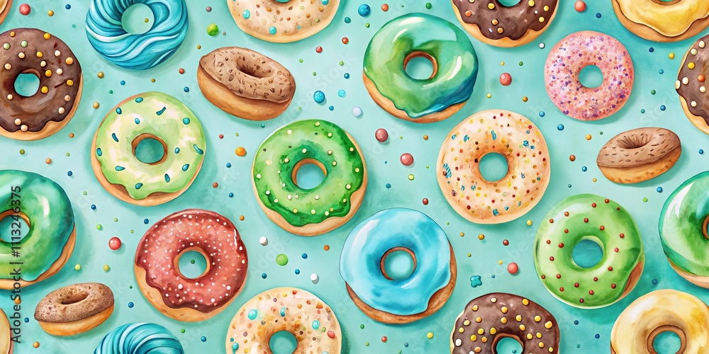 A delightful arrangement of assorted donuts with vibrant icing and sprinkles on a light teal background. A delightful arrangement of assorted donuts with vibrant icing and sprinkles on a light teal background.