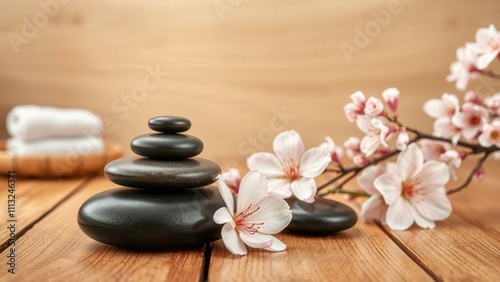 Relaxing Zen Spa Decor: Stacked Stones and Cherry Blossoms for Serene Home or Spa Decoration photo