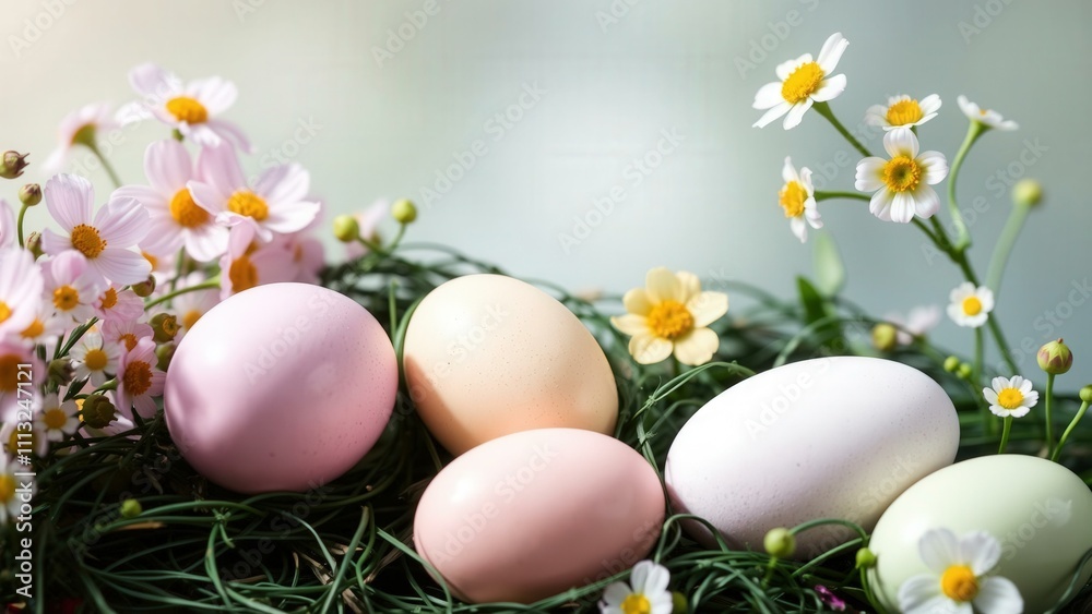 Celebrate Easter with Pastel Colored Eggs and Delicate White Flowers, Perfect for Spring Decorations and Festive Table Settings Celebrate Easter with Pastel Colored Eggs and Delicate White Flowers, Perfect for Spring Decorations and Festive Table Settings