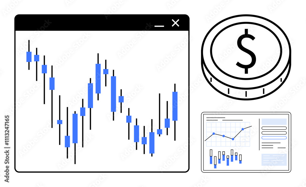 Financial candlestick chart in a window, dollar coin outline, and detailed analytical report with graphs and charts. Ideal for investment, stock market analysis, trading, financial planning, business Financial candlestick chart in a window, dollar coin outline, and detailed analytical report with graphs and charts. Ideal for investment, stock market analysis, trading, financial planning, business