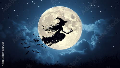 witch silhouette flying under a full moon