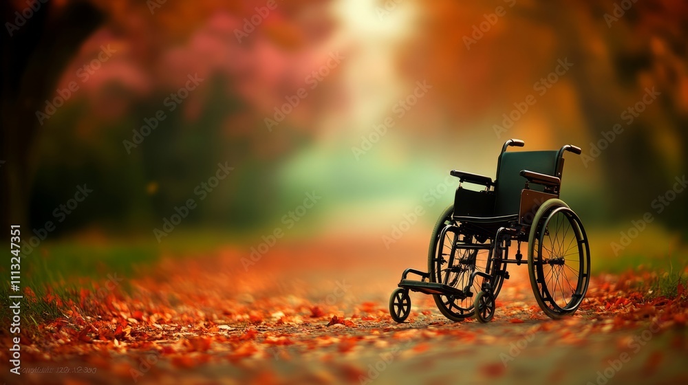 Obraz premium An empty grass field with autumn leaves, a wheelchair with a shallow depth of field focused on the wheelchair, blurring the background and creating a sense of isolation and anticipation. 