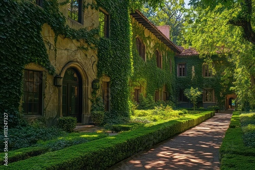 Elegant manor with ivy-covered walls, nestled within manicured green gardens and shaded walkways.