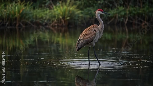 Bird Animation. Sandhill crane walking elegantly through a tropical wetland, its movements reflected in the calm water. Realistic motion. photo