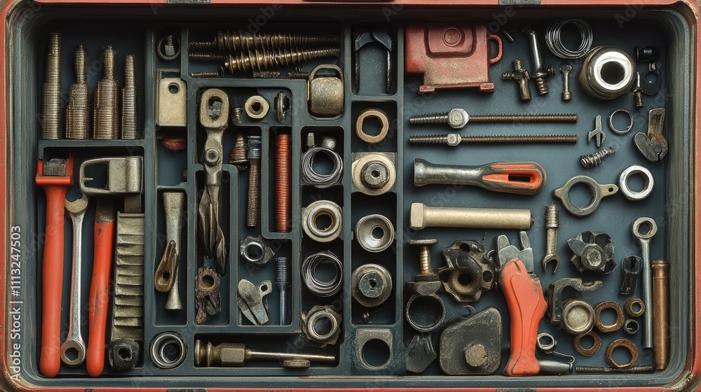 Detailed Close-Up of Various Hand Tools and Hardware Accessories Detailed Close-Up of Various Hand Tools and Hardware Accessories
