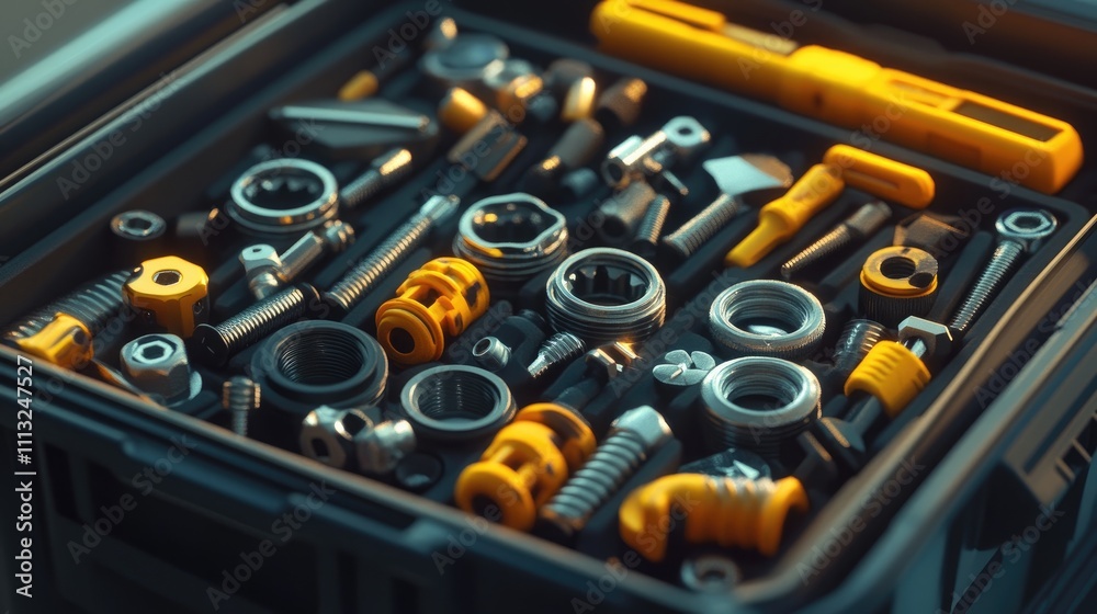 Array of Hand Tools and Accessories Organized in a Tool Box Array of Hand Tools and Accessories Organized in a Tool Box