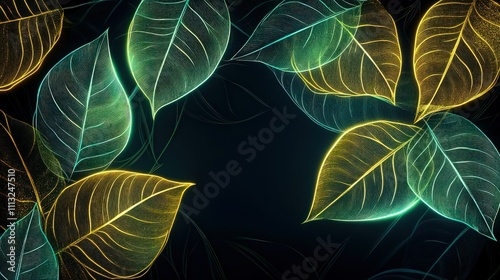 Exotic neon green and gold leaves with a glowing outline, layered over a luxurious dark backdrop with negative space in the middle for text placement.