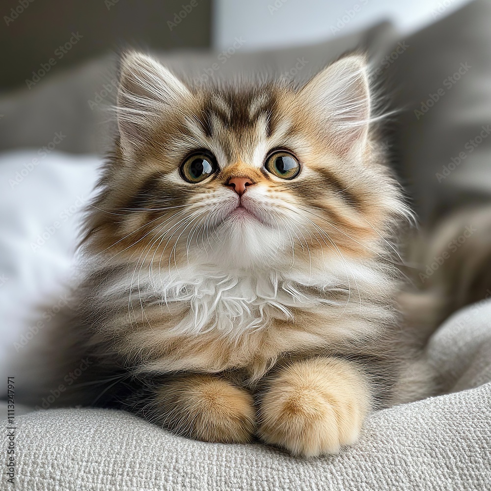 A fluffy, brown tabby kitten with bright green eyes looks up with curiosity. A fluffy, brown tabby kitten with bright green eyes looks up with curiosity.