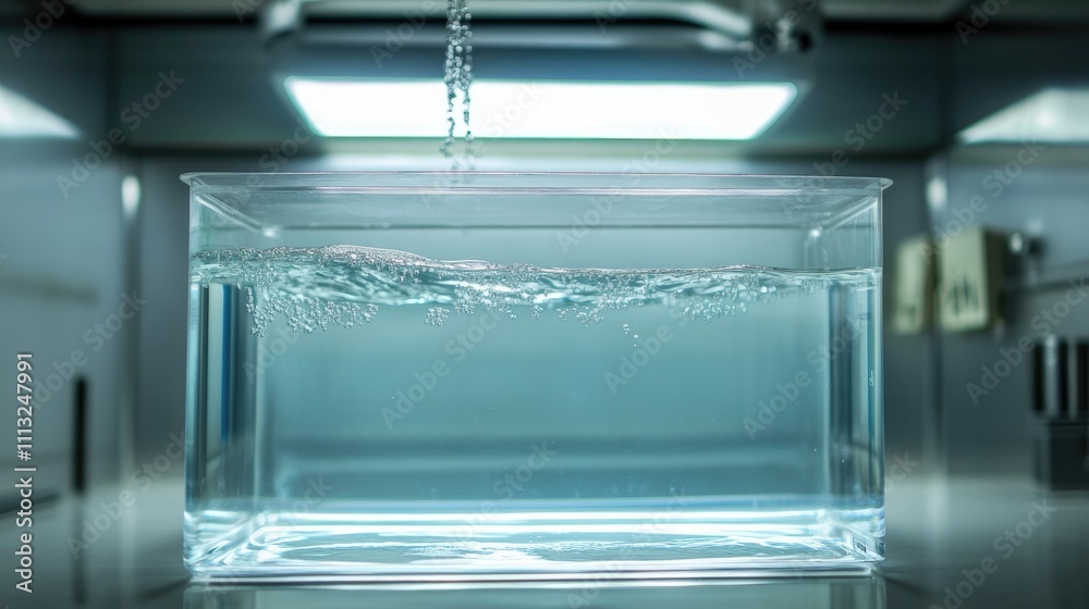 Clear Plastic Container with Water and Bubbles in Laboratory Space Clear Plastic Container with Water and Bubbles in Laboratory Space