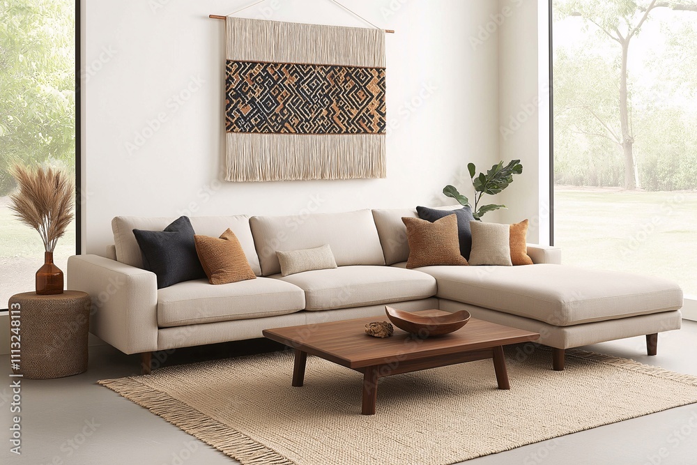 Fototapeta premium Spacious and Cozy Living Room Featuring a Modern Sectional Sofa, Stylish Decorative Pillows, and an Elegant Wall Hanging with Natural Light Streaming Through Large Windows