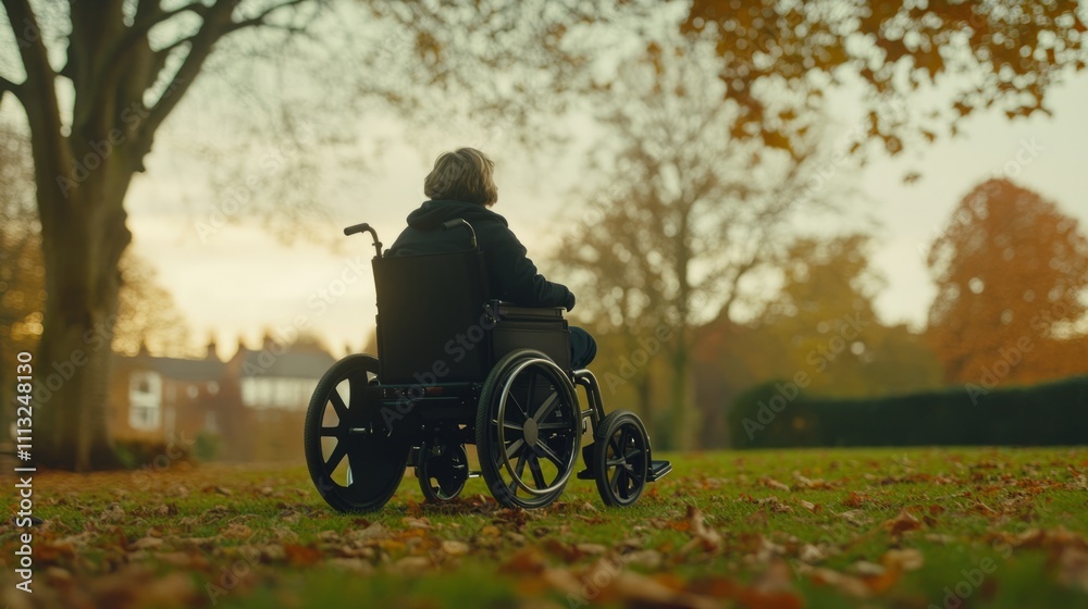 Fototapeta premium An empty grass field with autumn leaves, a wheelchair with a shallow depth of field focused on the wheelchair, blurring the background and creating a sense of isolation and anticipation. 
