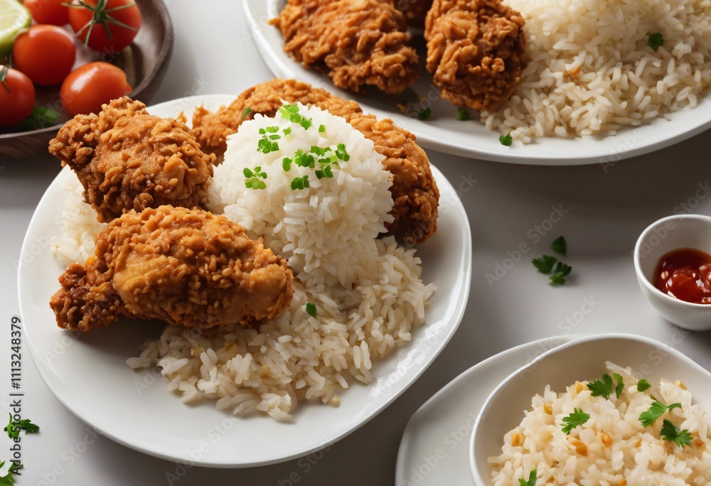 Fried chicken with rice and cherry tomatoes. Fried chicken with rice and cherry tomatoes.