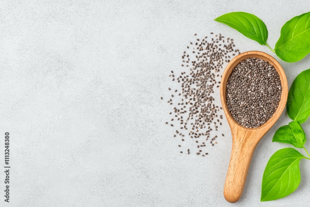 Wooden Spoon with Chia Seeds and Fresh Green Leaves on Light Background Wooden Spoon with Chia Seeds and Fresh Green Leaves on Light Background