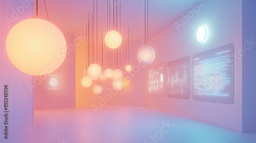 A mental health facility with glowing spheres suspended in a gradient-lit room, symbolizing emotional well-being, digital charts on walls show data on mood stability and stress levels.