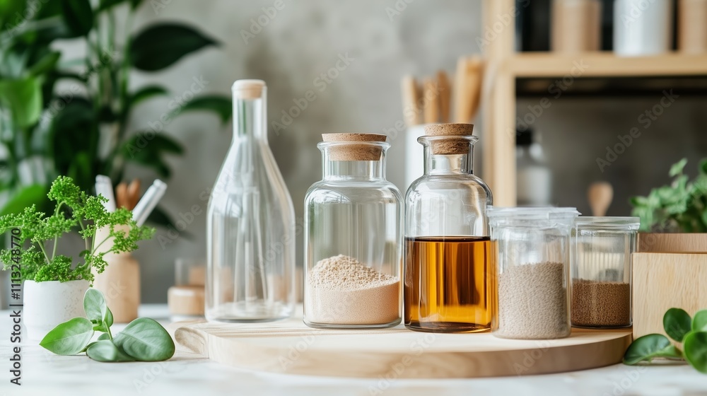 Glass jars filled with herbs and spices arranged on a wooden board in a cozy kitchen setting
