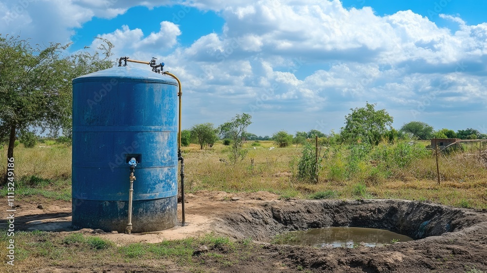 Blue Water Tank Next to Open Pit in Dry Rural Landscape Blue Water Tank Next to Open Pit in Dry Rural Landscape