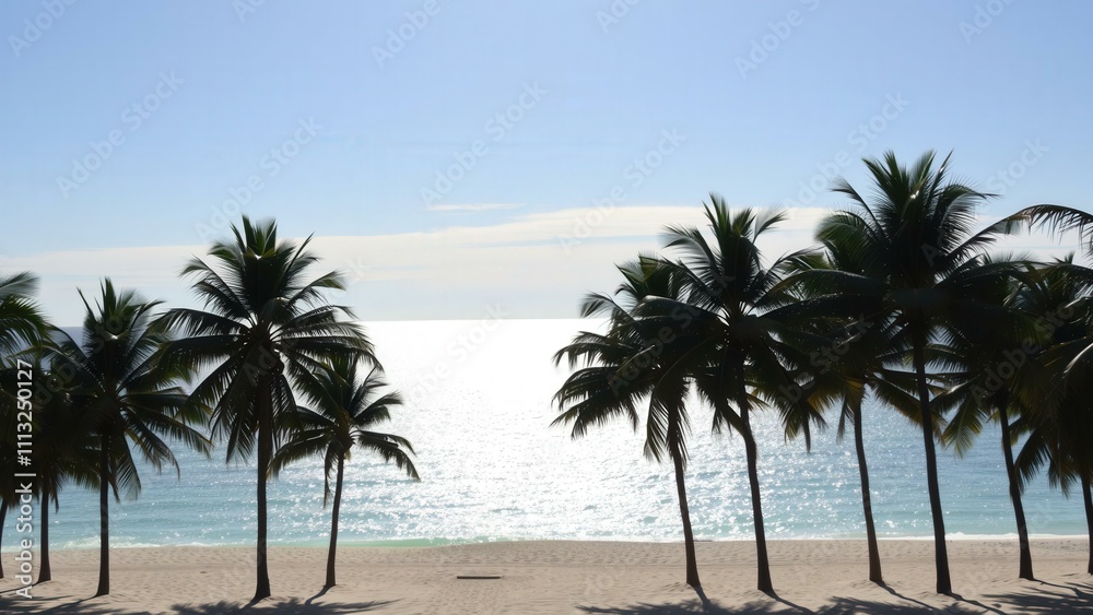 Fototapeta premium Tropical Paradise Beach Scene with Palm Trees and Calm Blue Ocean, Perfect for Vacation or Relaxation