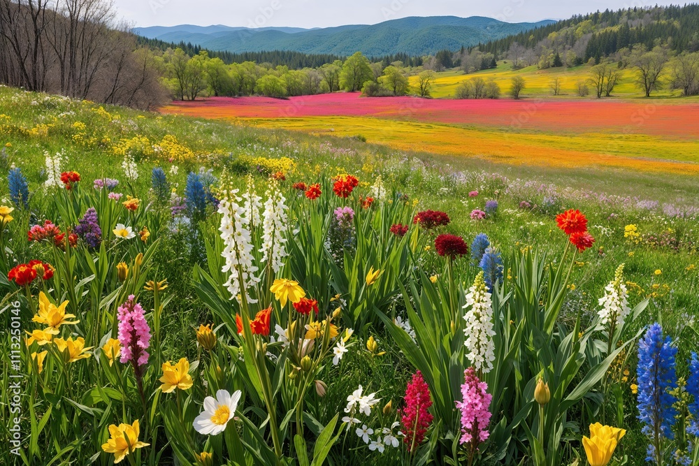 Serene Spring Meadow with Diverse Wildflowers and Colorful Landscape Serene Spring Meadow with Diverse Wildflowers and Colorful Landscape