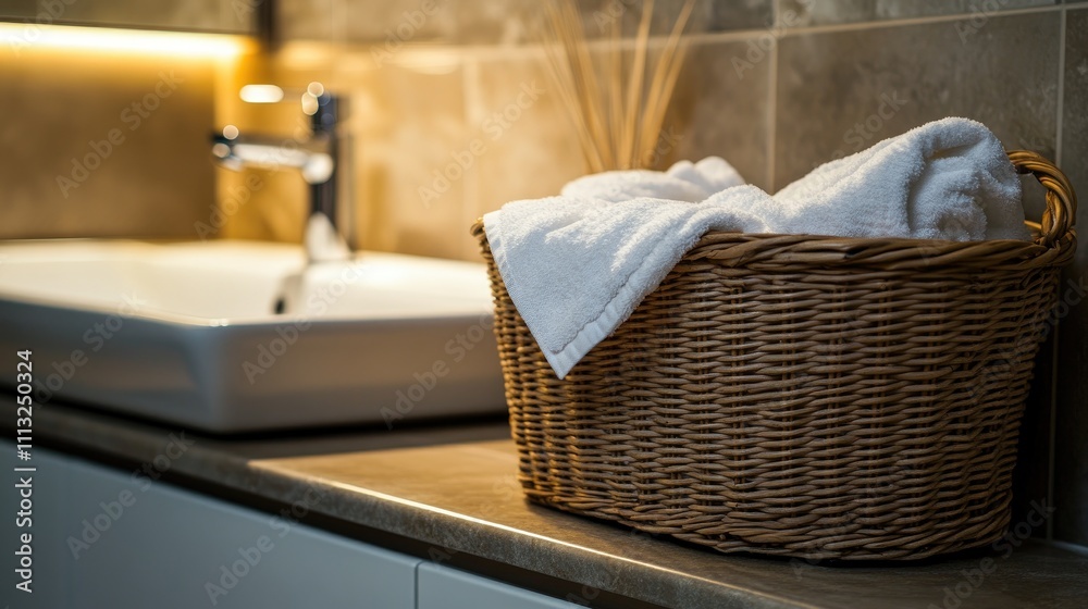 Cozy Bathroom Setting with Fresh Towels in Woven Basket Cozy Bathroom Setting with Fresh Towels in Woven Basket