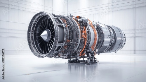 Powerful turbofan engine in a clean hangar.