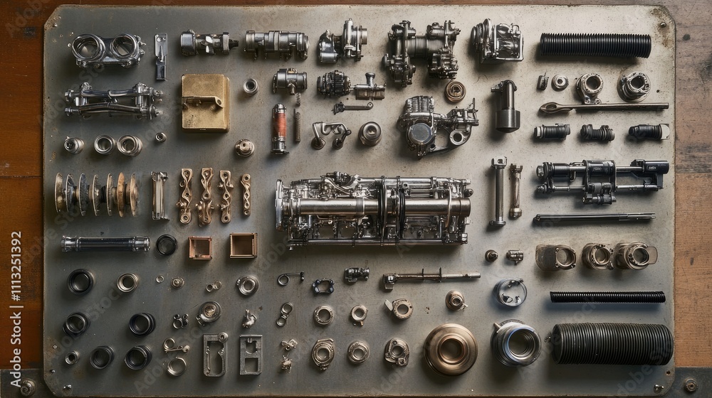 Collection of Mechanical Parts and Tools on a Metal Surface Collection of Mechanical Parts and Tools on a Metal Surface
