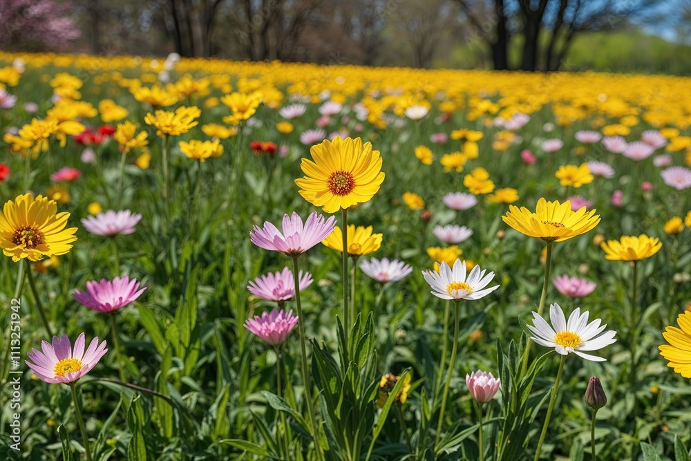 Obraz premium Peaceful Spring Flower Meadow Under Bright Sunshine