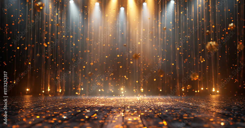 Obraz premium Golden Stage Lighting with Falling Confetti for Product Presentation