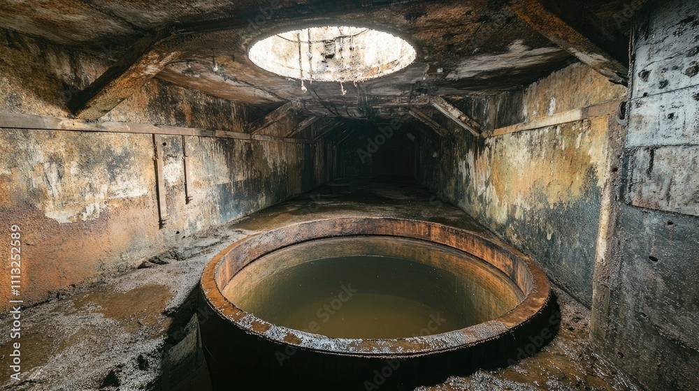 Fototapeta premium Dark and Abandoned Industrial Space with Circular Water Tank