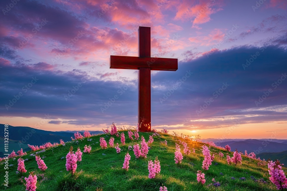 Cross of Salvation on a Vibrant Hill with Blossoming Flowers at Dawn