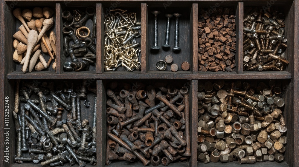 Collection of Various Fasteners and Hardware in Wooden Tray