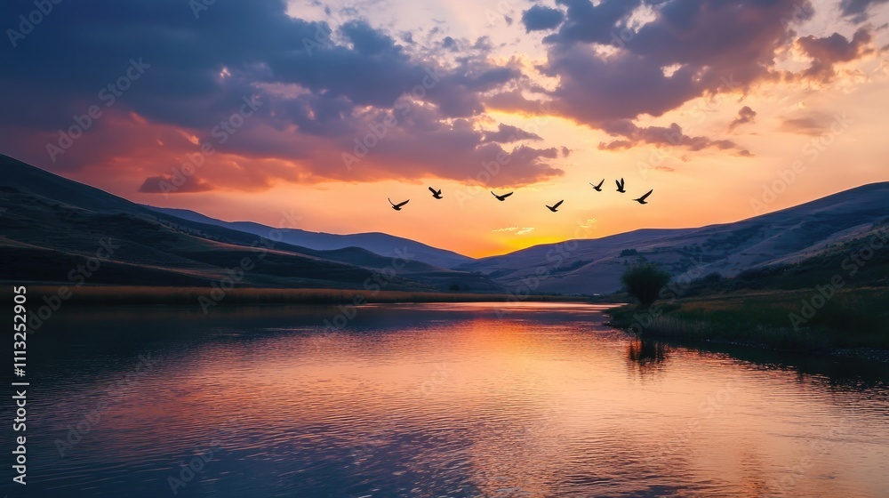 Fototapeta premium Serene Sunset Over a Calm River with Silhouetted Birds Flying