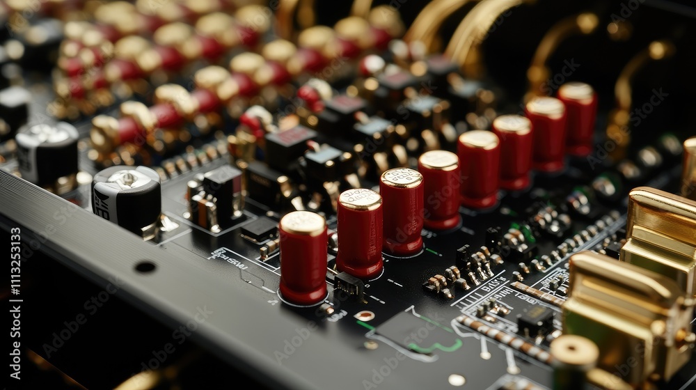 Close-Up View of Electronic Circuit Board with Colorful Capacitors Close-Up View of Electronic Circuit Board with Colorful Capacitors