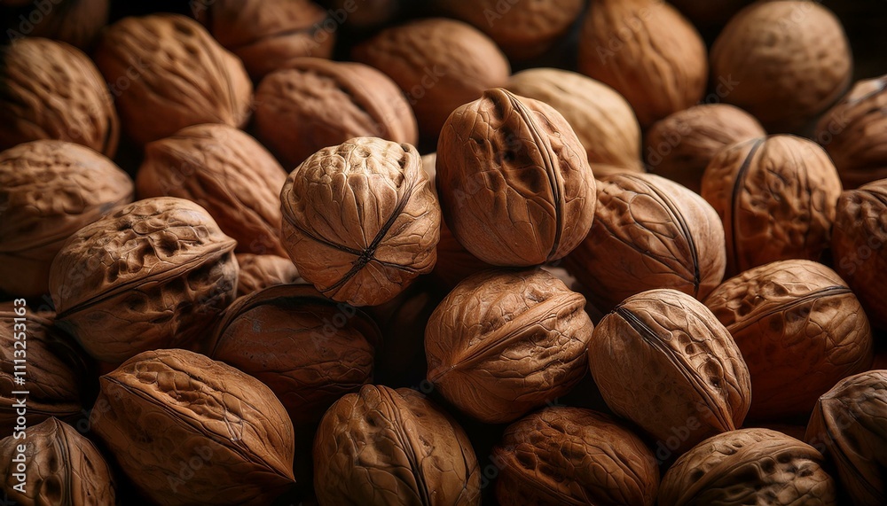 A close-up shot of walnuts, showcasing their rich brown color and intricate textures.