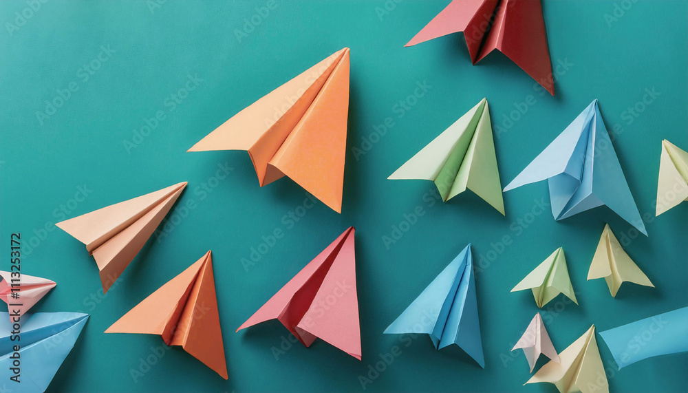 Vibrant Paper aero planes soaring against a turquoise background symbolizing creativity and innovation Vibrant Paper aero planes soaring against a turquoise background symbolizing creativity and innovation