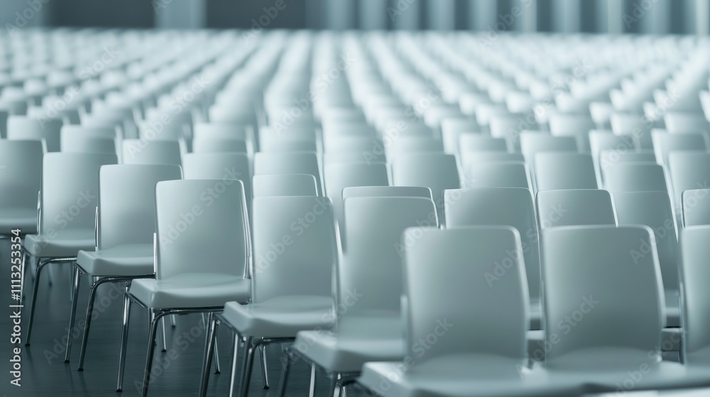 Fototapeta premium Empty airport seats, rows of white chairs in the modern terminal, with two dark-uniformed captains approaching each other, shallow depth of field focused on the chairs, obscurating the background and 