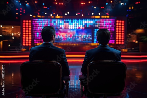 Two judges sit in chairs facing vibrant stage set. Stage lights create anticipation for upcoming performance in tv studio. Attentive posture suggests serious viewing. Background suggests excitement. photo