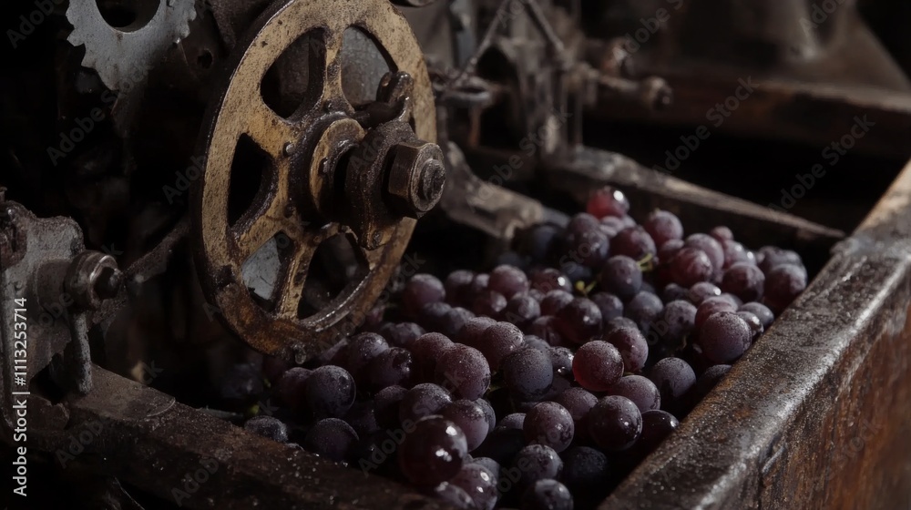 Freshly harvested grapes are placed in an antique processing machine designed for natural winemaking. Freshly harvested grapes are placed in an antique processing machine designed for natural winemaking.