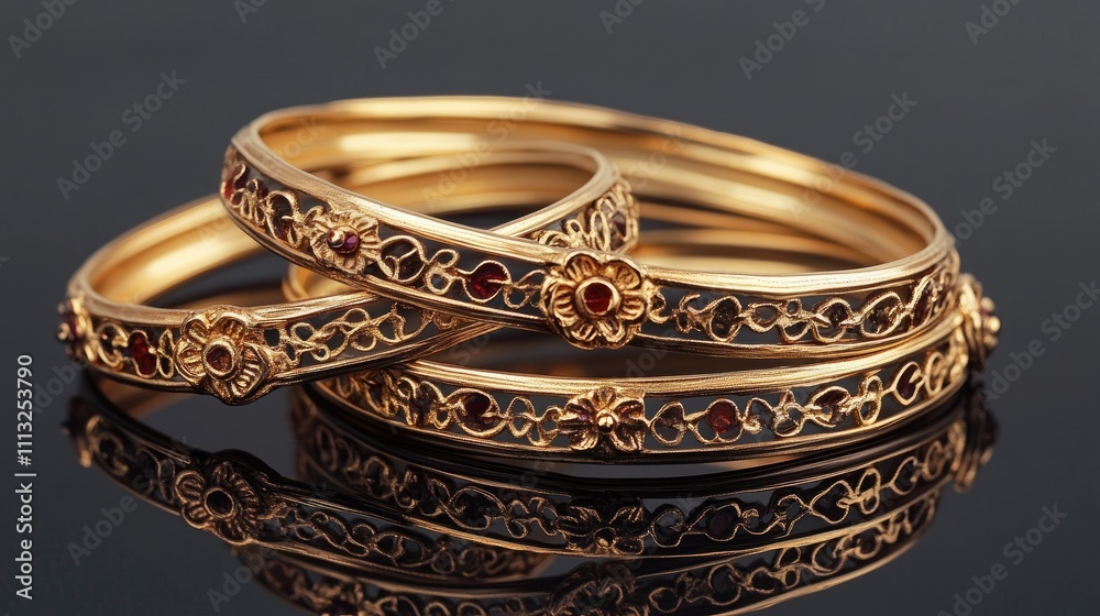 Elegant Gold Bangles with Intricate Design and Red Gem Accents Elegant Gold Bangles with Intricate Design and Red Gem Accents