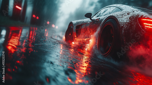 High speed sports car, racing and drift on city at night, street racer concept