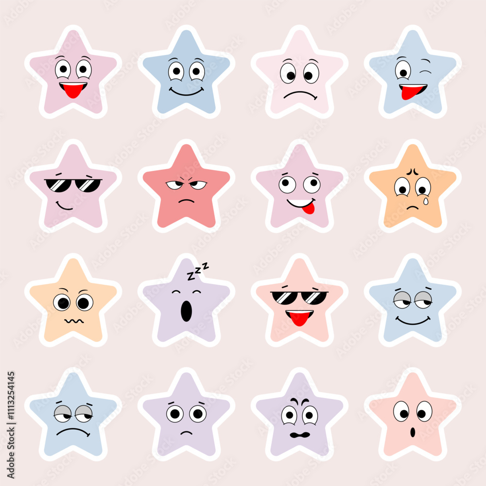 Set of cute star emoticon with 16 variations of expression. Colorized concept. Vector illustration. Set of cute star emoticon with 16 variations of expression. Colorized concept. Vector illustration.
