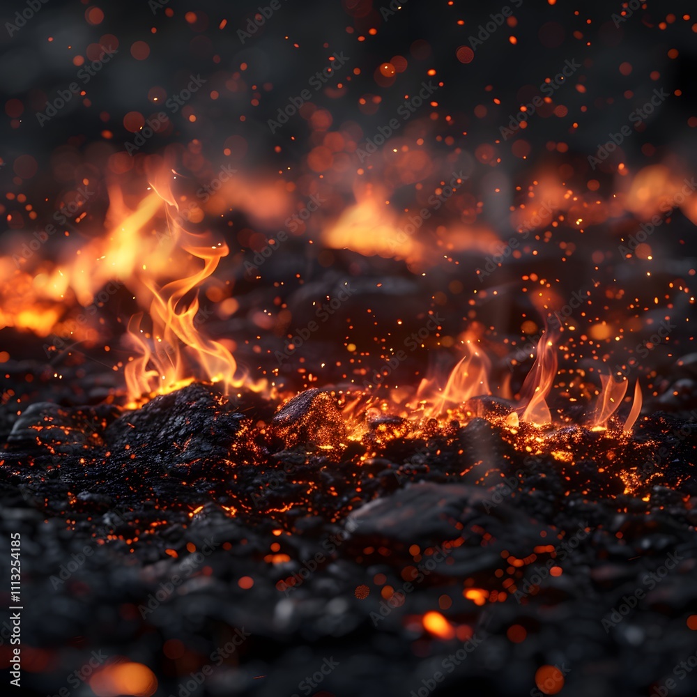 A close-up view of molten lava with glowing embers and sparks in a dark environment. A close-up view of molten lava with glowing embers and sparks in a dark environment.