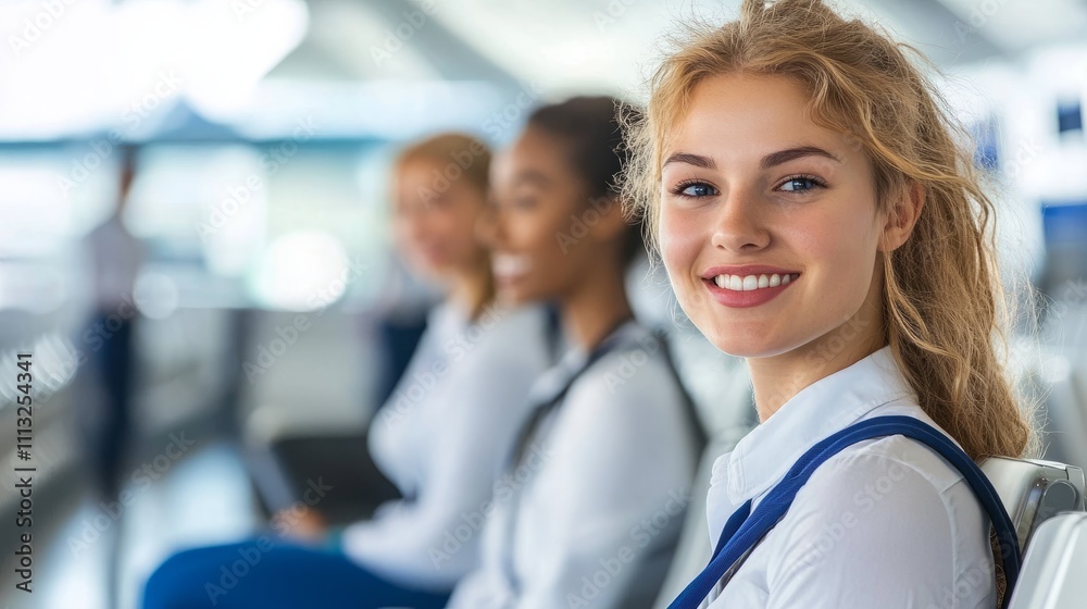 Empty airport seats, rows of white chairs in the modern terminal, among them three stewardesses smiling and talking to the camera, shallow depth of field focused on the chairs, blurring the backgrou Empty airport seats, rows of white chairs in the modern terminal, among them three stewardesses smiling and talking to the camera, shallow depth of field focused on the chairs, blurring the backgrou