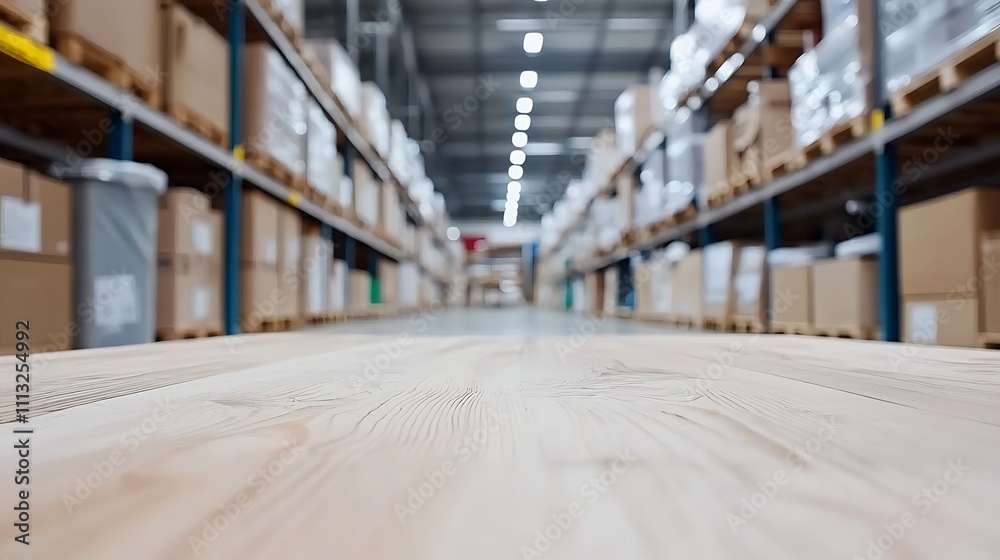 Spacious Warehouse Interior with Wooden Floor and Shelves Full of Boxes